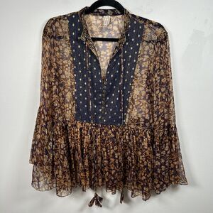Raga Anthropologie Size XS Blue w/Gold Metallic Thread Bell Sleeve Sheer Blouse